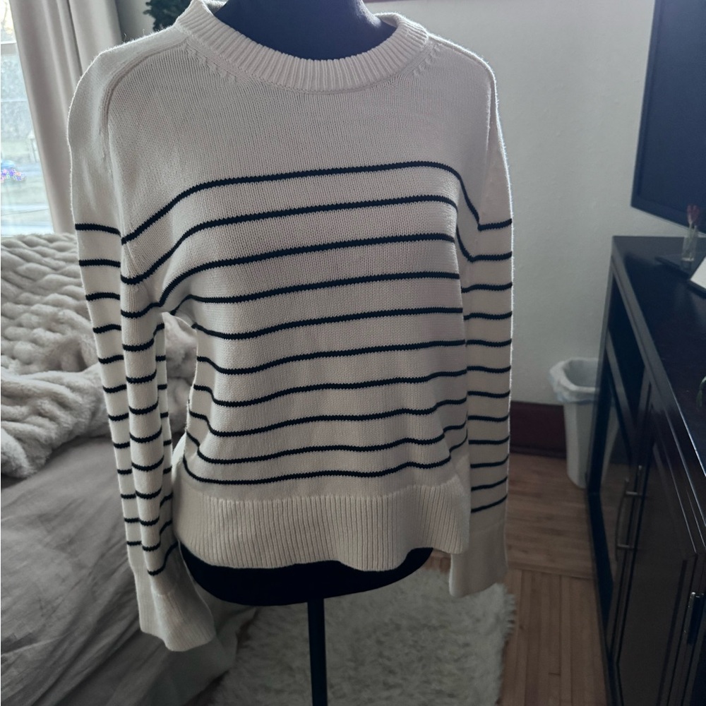 Abercrombie & Fitch Cream and Navy Striped Crewneck Sweater